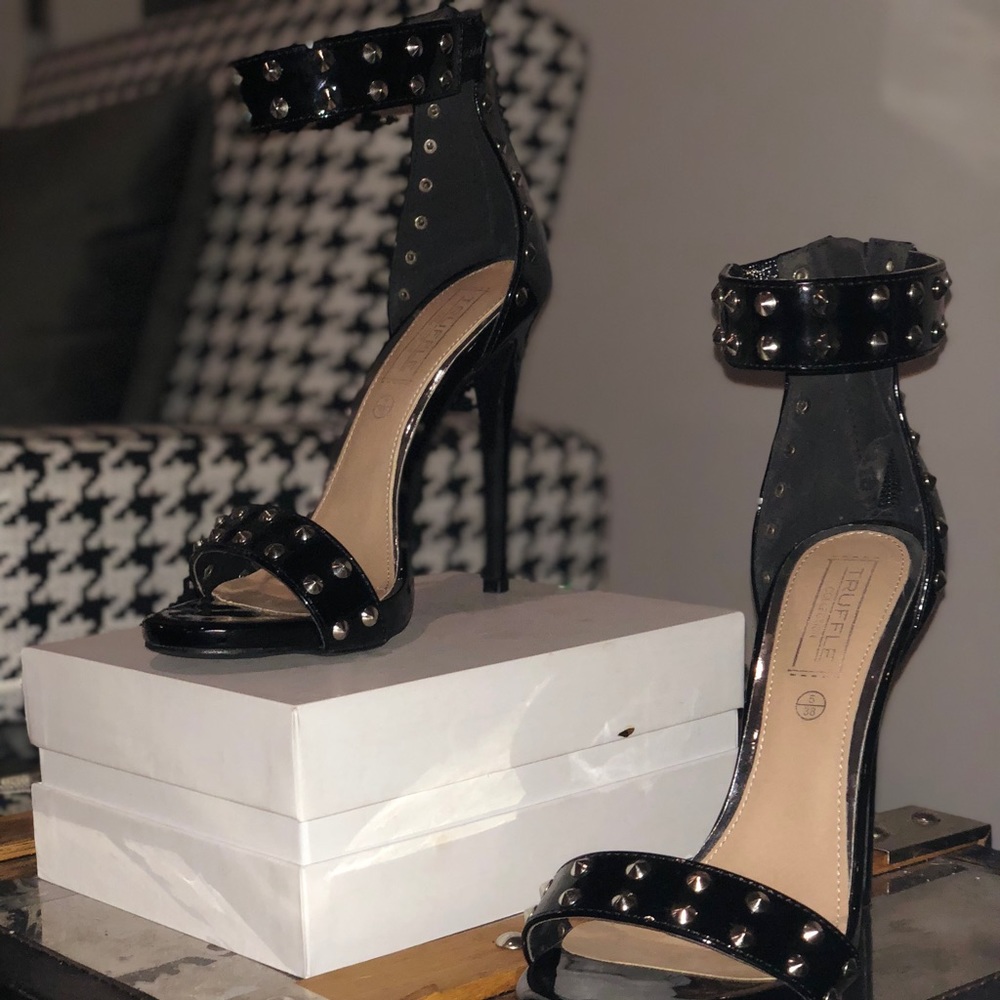 Black patent leather Metal Spike stud high-heel zipper strappy stiletto